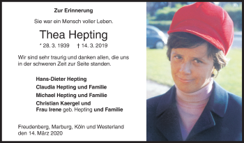 Traueranzeige von Thea Hepting von Siegener Zeitung