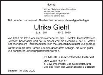Traueranzeige von Ulrike Giehl von Siegener Zeitung