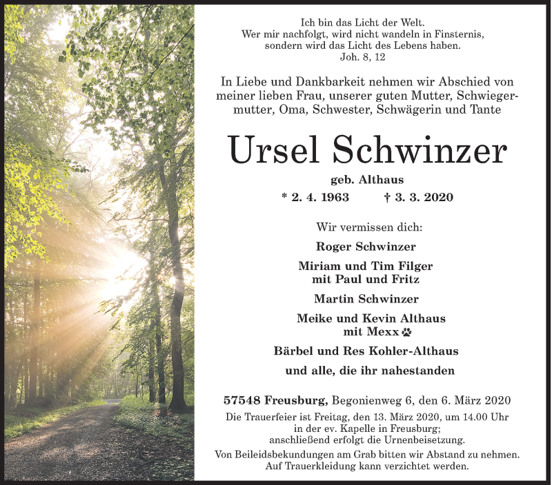  Traueranzeige für Ursel Schwinzer vom 06.03.2020 aus Siegener Zeitung