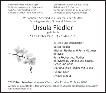 Traueranzeige von Ursula Fiedler von Siegener Zeitung