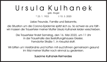 Traueranzeige von Ursula Kulhanek von Siegener Zeitung