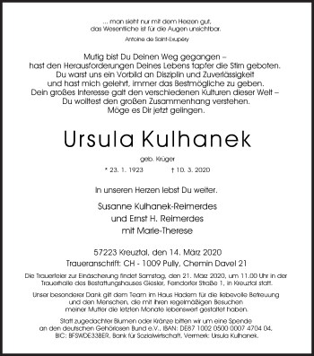 Traueranzeige von Ursula Kulhanek von Siegener Zeitung