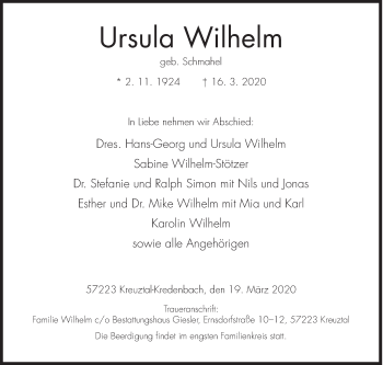 Traueranzeige von Ursula Wilhelm von Siegener Zeitung