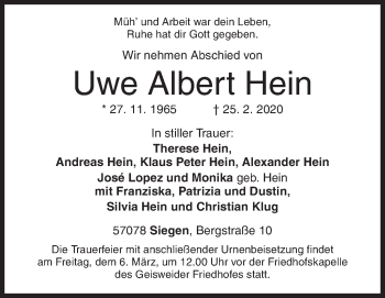 Traueranzeige von Uwe Albert Hein von Siegener Zeitung