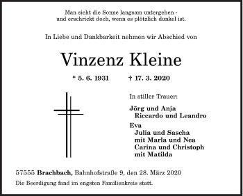 Traueranzeige von Vinzenz Kleine von Siegener Zeitung