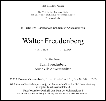 Traueranzeige von Walter Freudenberg von Siegener Zeitung