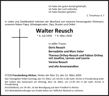 Traueranzeige von Walter Reusch von Siegener Zeitung