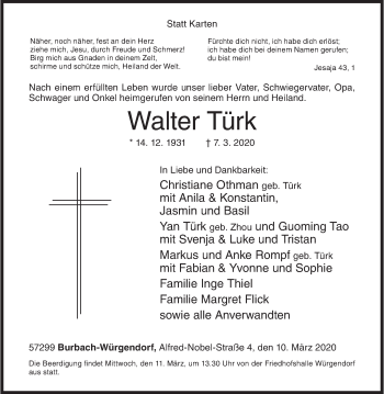 Traueranzeige von Walter Türk von Siegener Zeitung