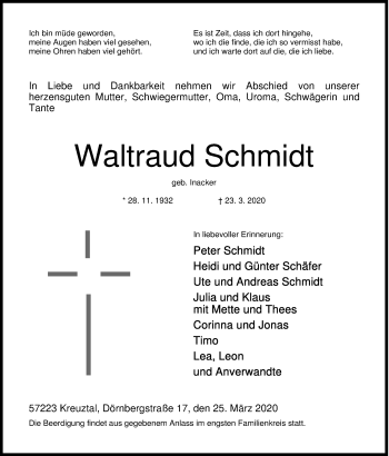 Traueranzeige von Waltraud Schmidt von Siegener Zeitung