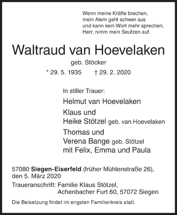 Traueranzeige von Waltraud van Hoevelaken von Siegener Zeitung