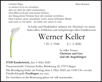 Traueranzeige von Werner Keller von Siegener Zeitung