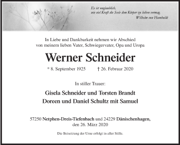 Traueranzeige von Werner Schneider von Siegener Zeitung