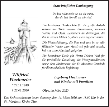 Traueranzeige von Wilfried Flachmeier von Siegener Zeitung