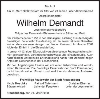 Traueranzeige von Wilhelm Demandt von Siegener Zeitung
