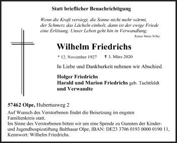 Traueranzeige von Wilhelm Friedrichs von Siegener Zeitung