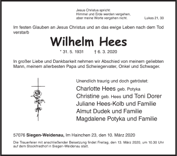 Traueranzeige von Wilhelm Hees von Siegener Zeitung
