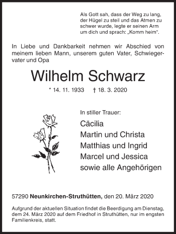 Traueranzeige von Wilhelm Schwarz von Siegener Zeitung