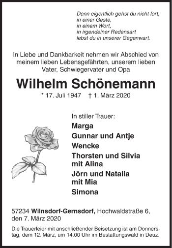 Traueranzeige von Wilhelm Schönemann von Siegener Zeitung