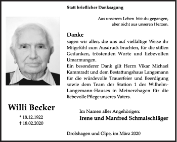 Traueranzeige von Willi Becker von Siegener Zeitung