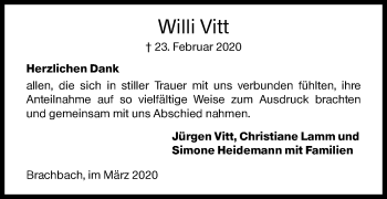Traueranzeige von Willi Vitt von Siegener Zeitung