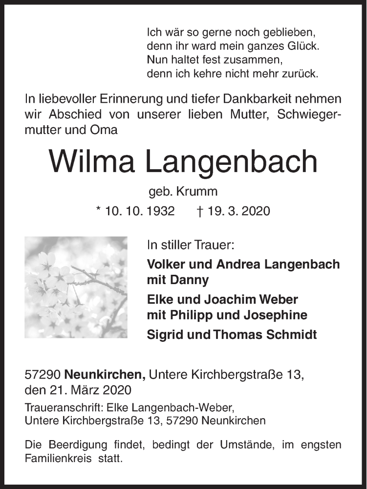  Traueranzeige für Wilma Langenbach vom 21.03.2020 aus Siegener Zeitung