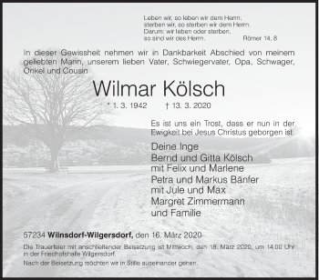 Traueranzeige von Wilmar Kölsch von Siegener Zeitung