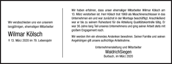 Traueranzeige von Wilmar Kölsch von Siegener Zeitung