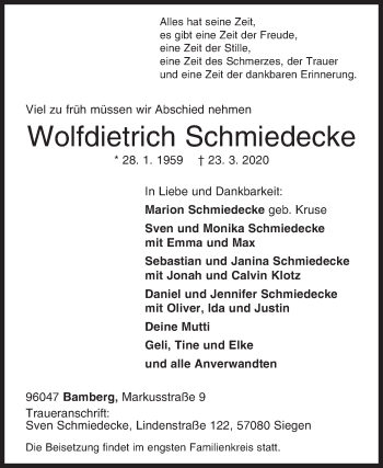 Traueranzeige von Wolfdietrich Schmiedecke von Siegener Zeitung