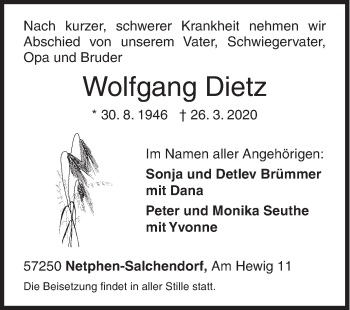 Traueranzeige von Wolfgang Dietz von Siegener Zeitung