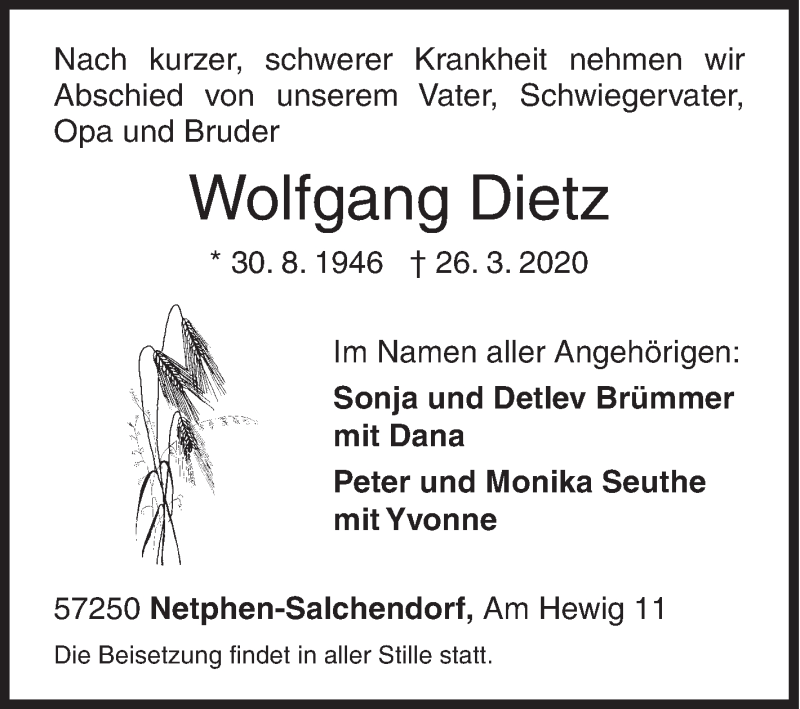  Traueranzeige für Wolfgang Dietz vom 28.03.2020 aus Siegener Zeitung