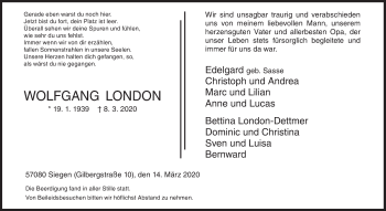Traueranzeige von Wolfgang London von Siegener Zeitung