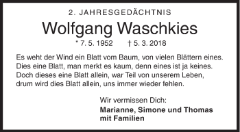 Traueranzeige von Wolfgang Waschkies von Siegener Zeitung