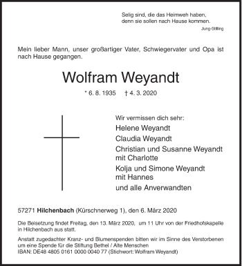 Traueranzeige von Wolfram Weyandt von Siegener Zeitung