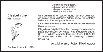 Traueranzeige von Elisabeth Link von Siegener Zeitung
