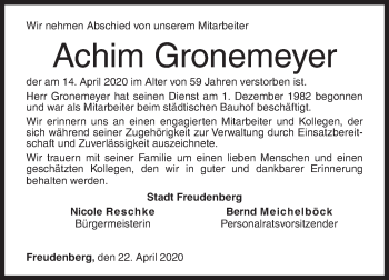Traueranzeige von Achim Gronemeyer von Siegener Zeitung