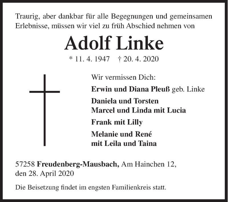  Traueranzeige für Adolf Linke vom 28.04.2020 aus Siegener Zeitung