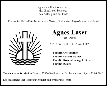 Traueranzeige von Agnes Laser von Siegener Zeitung