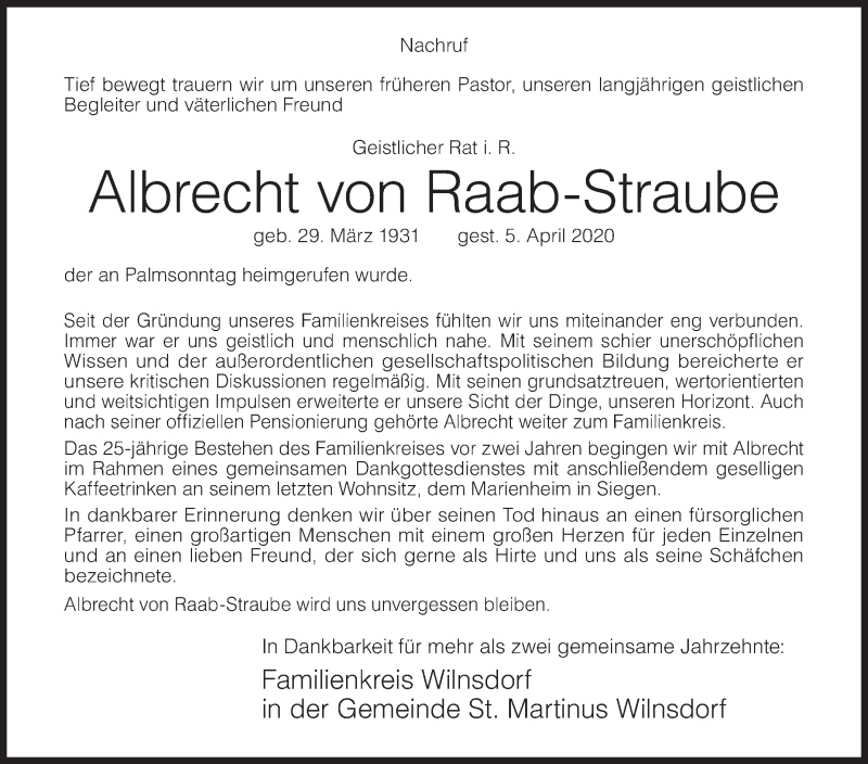  Traueranzeige für Albrecht von Raab-Straube vom 07.04.2020 aus Siegener Zeitung