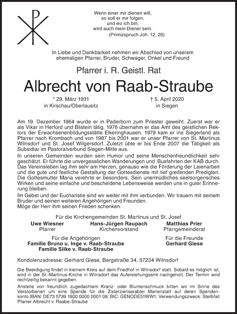 Traueranzeige für Albrecht von Raab-Straube vom 07.04.2020 aus Siegener Zeitung