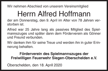 Traueranzeige von Alfred Hoffmann von Siegener Zeitung