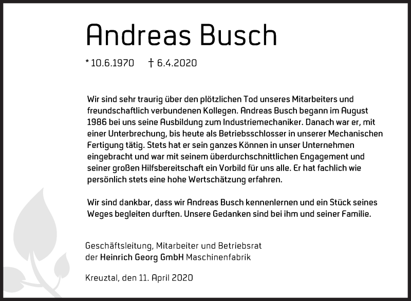  Traueranzeige für Andreas Busch vom 11.04.2020 aus Siegener Zeitung