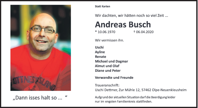  Traueranzeige für Andreas Busch vom 11.04.2020 aus Siegener Zeitung