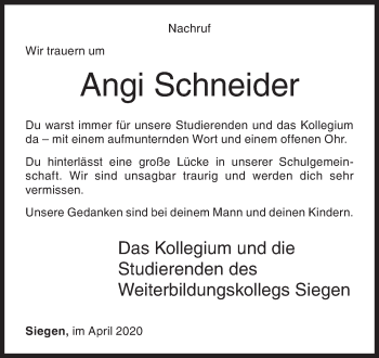 Traueranzeige von Angi Schneider von Siegener Zeitung