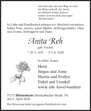 Traueranzeige von Anita Reh von Siegener Zeitung