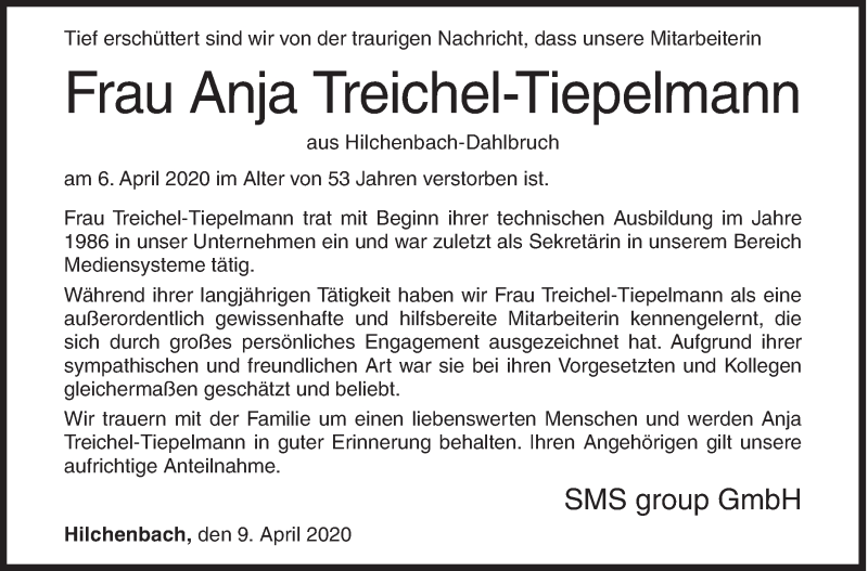  Traueranzeige für Anja Treichel-Tiepelmann vom 09.04.2020 aus Siegener Zeitung