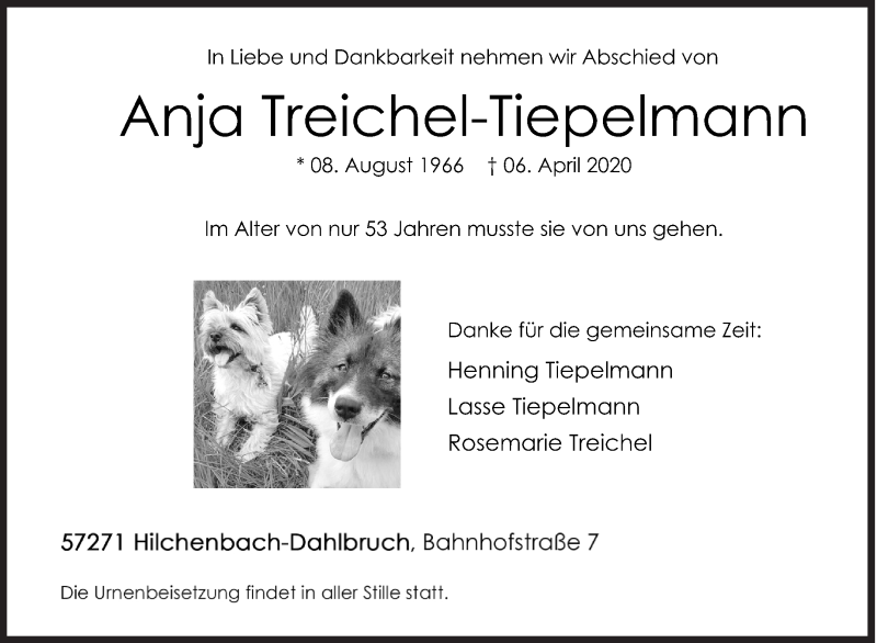  Traueranzeige für Anja Treichel-Tiepelmann vom 08.04.2020 aus Siegener Zeitung