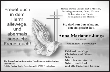 Traueranzeige von Anna Marianne Jungs von Siegener Zeitung