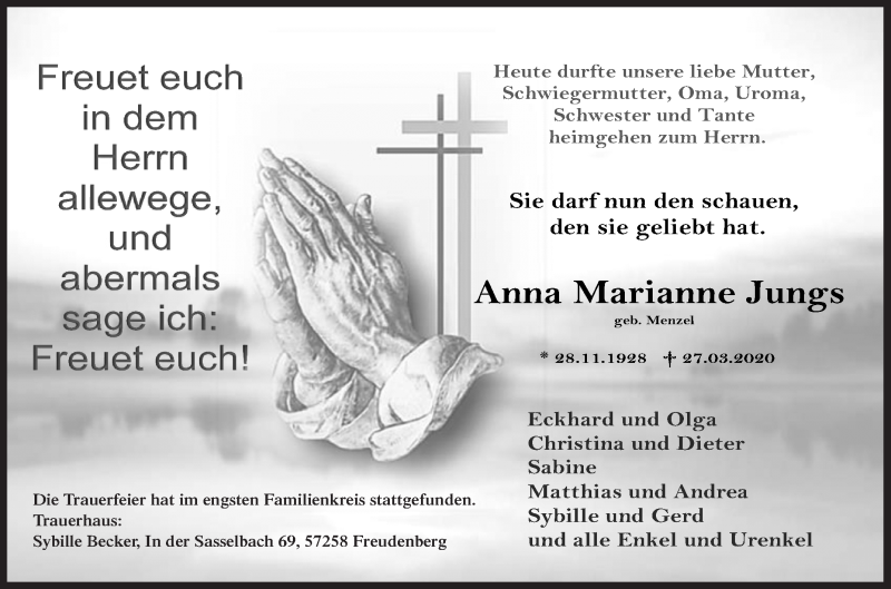 Traueranzeige für Anna Marianne Jungs vom 01.04.2020 aus Siegener Zeitung