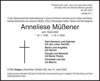 Traueranzeige von Anneliese Müßener von Siegener Zeitung