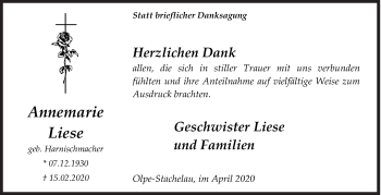 Traueranzeige von Annemarie Liese von Siegener Zeitung